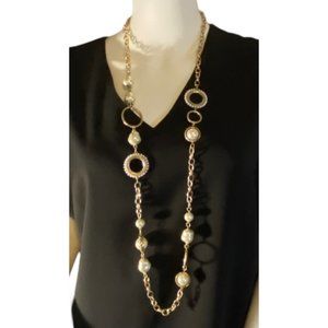 Long Gold Pearl-Accent Fashion Necklace